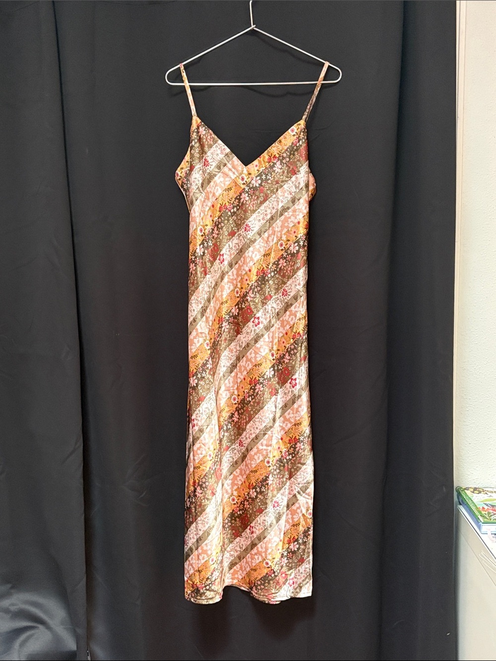 Main Strip Floral Slip Maxi Dress in Pink, Brown, Cream and Yellow